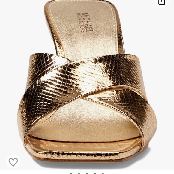 Michael Kors Clara Mule Square toe Sandals Gold snake skin leather kitten heel - Picture 4 of 7